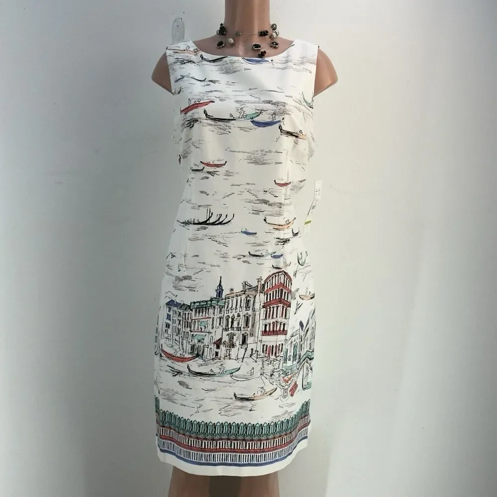 NEW Leslie Fay Venice Gondula Boat White Sleeveless Knee Length Shift Dress 14 - Picture 4 of 17